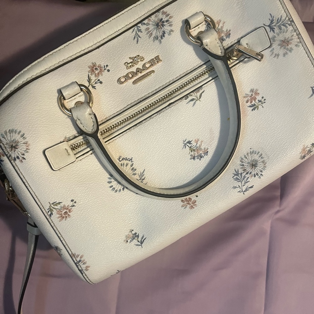 coach rowan satchel, limited edition white with dandelions